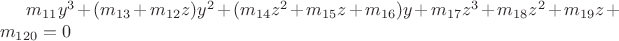 $m_{11}y^3 + (m_{13}+m_{12}z)y^2 + (m_{14}z^2+m_{15}z+m_{16})y + m_{17}z^3+m_{18}z^2+m_{19}z+m_{120} = 0$