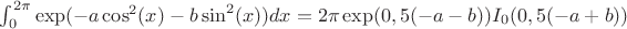 $\int_{0}^{2 \pi} \exp(-a \cos^2 (x)-b \sin^2 (x)) dx=2 \pi \exp(0,5 (-a - b)) I_0(0,5 (-a + b))$