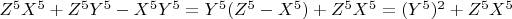 $Z^5X^5 +Z^5Y^5-X^5Y^5 =Y^5(Z^5-X^5) +Z^5X^5 = (Y^5)^2 +Z^5X^5$