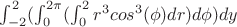 $\int_{-2}^{2}  (\int_{0}^{2\pi}(\int_{0}^{2}r^3cos^3(\phi)dr)d\phi)dy$