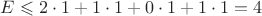 $E \leqslant 2 \cdot 1 + 1 \cdot 1 + 0 \cdot 1 + 1 \cdot 1 = 4$