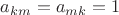 $a_{km} = a_{mk} = 1$