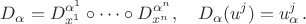 $$
D_{\alpha} = D_{x^1}^{\alpha^1}\circ\dots\circ D_{x^n}^{\alpha^n},\quad D_{\alpha}(u^j) = u^j_{\alpha}\,.
$$