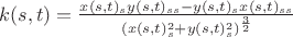 $k(s,t)=\frac{x(s,t)_sy(s,t)_{ss}-y(s,t)_sx(s,t)_{ss}}{(x(s,t)_s^2+y(s,t)_s^2)^{\frac32}}$