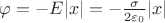 $\varphi = -E|x| = -\frac{\sigma}{2\varepsilon_0}|x|$