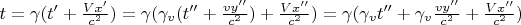 $ t = \gamma(t' + \frac{V x'} {c^2}) = \gamma(\gamma_v(t'' + \frac{vy''}{c^2}) + \frac{Vx''} {c^2}) = \gamma(\gamma_v t'' + \gamma_v \frac{vy''}{c^2} + \frac{Vx''} {c^2}) $