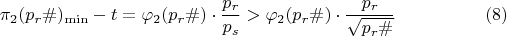 $$\pi_{2}(p_{r}\#)_{\min}-t= \varphi_{2}(p_{r}\#)\cdot \dfrac {p_{r}}{p_{s}}>\varphi_{2}(p_{r}\#)\cdot \dfrac {p_{r}}{\sqrt {p_{r}\#}}\eqno (8) $$