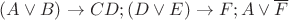 $(A \vee B) \to CD; (D \vee E) \to F; A \vee \overline{F}$