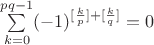 $\sum\limits_{k=0}^{pq-1}(-1)^{[\frac{k}{p}]+[\frac{k}{q}]}=0$