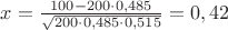 $x=\frac{100-200\cdot0,485}{\sqrt{200\cdot0,485\cdot 0,515}}=0,42$ $x=\frac{100-200\cdot0,485}{\sqrt{200\cdot0,485\cdot 0,515}}=0,42$