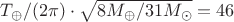 $T_\oplus/(2\pi)\cdot\sqrt{8M_\oplus/31M_\odot}=46$