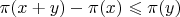 $\pi(x+y) - \pi(x) \leqslant  \pi(y)$