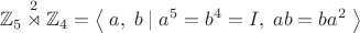 $$\mathbb{Z}_5\overset{2}{\rtimes}\mathbb{Z}_4=\left\langle\;a,\;b\;|\;a^5=b^4=I,\;ab=ba^2\;\right\rangle$$