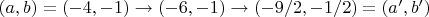 $(a,b)=(-4,-1)\to (-6,-1)\to (-9/2,-1/2)=(a',b')$