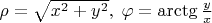 $\rho=\sqrt{x^2+y^2}, \;\varphi=\arctg\frac y x$