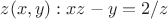 $z(x,y): xz - y = 2/z$