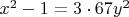 $x^2 - 1 = 3\cdot 67y^2$
