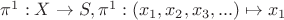 $\pi^1: X \rightarrow S,  \pi^1:(x_1,x_2,x_3,...) \mapsto x_1$