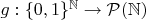 $g: \{0, 1\}^\mathbb N \to \mathcal P(\mathbb N)$