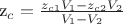 z_c=\frac {z_{c1}V_1-z_{c2}V_2}{V_1-V_2}