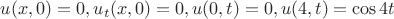$u(x,0)=0,
u_t(x,0)=0,
u(0,t)=0,
u(4,t)=\cos4t$