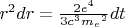 $r^2 dr = \frac{2 e^4}{3 c^3 {m_e}^2}dt$