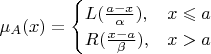 $\mu_A(x) = \begin{cases}L(\frac{a - x}{\alpha}), & x \leqslant a\\R(\frac{x - a}{\beta}), & x > a\end{cases}$