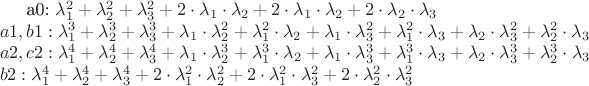 a0: \lambda_1^2+\lambda_2^2+\lambda_3^2+2\cdot \lambda_1\cdot \lambda_2+2\cdot \lambda_1\cdot \lambda_2+2\cdot \lambda_2\cdot \lambda_3\\
a1,b1: \lambda_1^3+\lambda_2^3+\lambda_3^3+\lambda_1\cdot \lambda_2^2+\lambda_1^2\cdot \lambda_2+\lambda_1\cdot \lambda_3^2+\lambda_1^2\cdot \lambda_3+\lambda_2\cdot \lambda_3^2+\lambda_2^2\cdot \lambda_3\\
a2,c2: \lambda_1^4+\lambda_2^4+\lambda_3^4+\lambda_1\cdot \lambda_2^3+\lambda_1^3\cdot \lambda_2+\lambda_1\cdot \lambda_3^3+\lambda_1^3\cdot \lambda_3+\lambda_2\cdot \lambda_3^3+\lambda_2^3\cdot \lambda_3\\
b2: \lambda_1^4+\lambda_2^4+\lambda_3^4+2\cdot \lambda_1^2\cdot \lambda_2^2+2\cdot \lambda_1^2\cdot \lambda_3^2+2\cdot \lambda_2^2\cdot \lambda_3^2\\