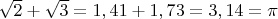 $\sqrt 2 + \sqrt 3=1,41+1,73=3,14=\pi$
