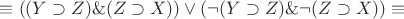 $\[ \equiv ((Y \supset Z)\& (Z \supset X)) \vee (\neg (Y \supset Z)\& \neg (Z \supset X)) \equiv \]$