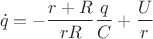 $$\dot q=-\frac{r+R}{rR}\frac{q}{C}+\frac{U}{r}$$