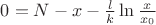 $0 = N -x -\frac{l}{k}\ln\frac{x}{x_0}$