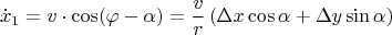 $$\dot{x}_1=v\cdot\cos(\varphi-\alpha)=\frac{v}{r}\left(\Delta x \cos\alpha+\Delta y \sin\alpha\right)$$