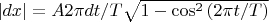 $|dx|=A 2\pi dt/T\sqrt{1-\cos^2{(2\pi t/T)}}$