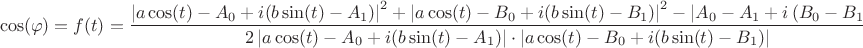 $$
\cos (\varphi ) = f(t) = \frac{{\left| {a\cos (t) - A_0  + i(b\sin (t) - A_1 )} \right|^2  + \left| {a\cos (t) - B_0  + i(b\sin (t) - B_1 )} \right|^2  - \left| {A_0  - A_1  + i\left( {B_0  - B_1 } \right)} \right|^2 }}{{2\left| {a\cos (t) - A_0  + i(b\sin (t) - A_1 )} \right| \cdot \left| {a\cos (t) - B_0  + i(b\sin (t) - B_1 )} \right|}}
$$
