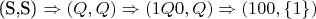 $$$(S,S) \Rightarrow
(Q,Q) \Rightarrow (1Q0,Q) \Rightarrow (100,\{1\})$$$