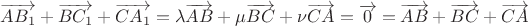 $\overrightarrow{AB_1}+\overrightarrow{BC_1} + \overrightarrow{CA_1}= \lambda\overrightarrow{AB}+\mu\overrightarrow{BC} + \nu\overrightarrow{CA}=\overrightarrow{0}=\overrightarrow{AB}+\overrightarrow{BC} + \overrightarrow{CA}$
