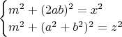 $\begin{cases}
m^2+(2ab)^2=x^2\\
m^2+(a^2+b^2)^2=z^2
\end{cases}$