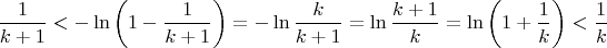 $$\frac{1}{k+1}<-\ln\left(1-\frac{1}{k+1}\right)=-\ln\frac{k}{k+1}=\ln\frac{k+1}{k}=\ln\left(1+\frac{1}{k}\right)<\frac{1}{k}$$