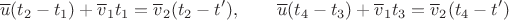 $$\overline u(t_2-t_1)+\overline v_1t_1=\overline v_2(t_2-t'),\qquad \overline u(t_4-t_3)+\overline v_1t_3=\overline v_2(t_4-t')$$