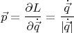 $$\vec p=\frac{\partial L}{\partial \dot{\vec q}}=\frac{\dot{\vec q}}{|\dot{\vec q}|}$$