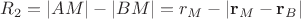 $R_2 = |AM| - |BM| = r_M - |\mathbf r_M - \mathbf r_B|$