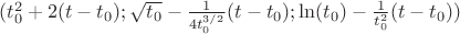 $(t_0^2+2(t-t_0);\sqrt{t_0}-\frac{1}{4t_0^{3/2}}(t-t_0);\ln(t_0)-\frac{1}{t_0^2}(t-t_0))$