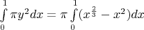 $\int\limits_{0}^{1}\pi y^2dx=\pi\int\limits_{0}^{1}(x^\frac{2}{3}-x^2)dx$
