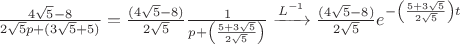 $\frac{4\sqrt{5}-8}{2\sqrt{5}p+(3\sqrt{5}+5)}=\frac{(4\sqrt{5}-8)}{2\sqrt{5}}\frac{1}{p+\left ( \frac{5+3\sqrt{5}}{2\sqrt{5}} \right )}\xrightarrow[]{L^{-1}}\frac{(4\sqrt{5}-8)}{2\sqrt{5}}e^{-\left ( \frac{5+3\sqrt{5}}{2\sqrt{5}}  \right )t}$