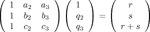 $$
\left(\begin{array}{ccc}
1&{a_{2}}&{a_{3}}\\
1&{b_{2}}&{b_{3}}\\
1&{c_{2}}&{c_{3}}
\end{array}\right)
\left(\begin{array}{lll} 1\\q_{2}\\q_{3} \end{array}\right)
=
\left(\begin{array}{ccc} r\\s\\r+s \end{array}\right)
$$