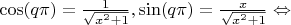 $\cos (q \pi)= \frac{1}{\sqrt{x^2+1}}, \sin (q \pi) = \frac{x}{\sqrt{x^2+1}} \Leftrightarrow$