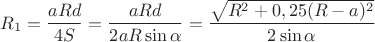 $R_1=\dfrac{aRd}{4S}=\dfrac{aRd}{2aR\sin\alpha}=\dfrac{\sqrt{R^2+0,25(R-a)^2}}{2\sin\alpha}$