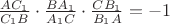 $\frac{{AC_1 }}{{C_1 B}} \cdot \frac{{BA_{1}}}{{A_{1} C}} \cdot \frac{{CB_{1} }}{{B_{1} A}} = - 1$