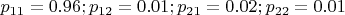 $p_{11}=0.96 ; p_{12}=0.01 ; p_{21}=0.02 ; p_{22}=0.01$